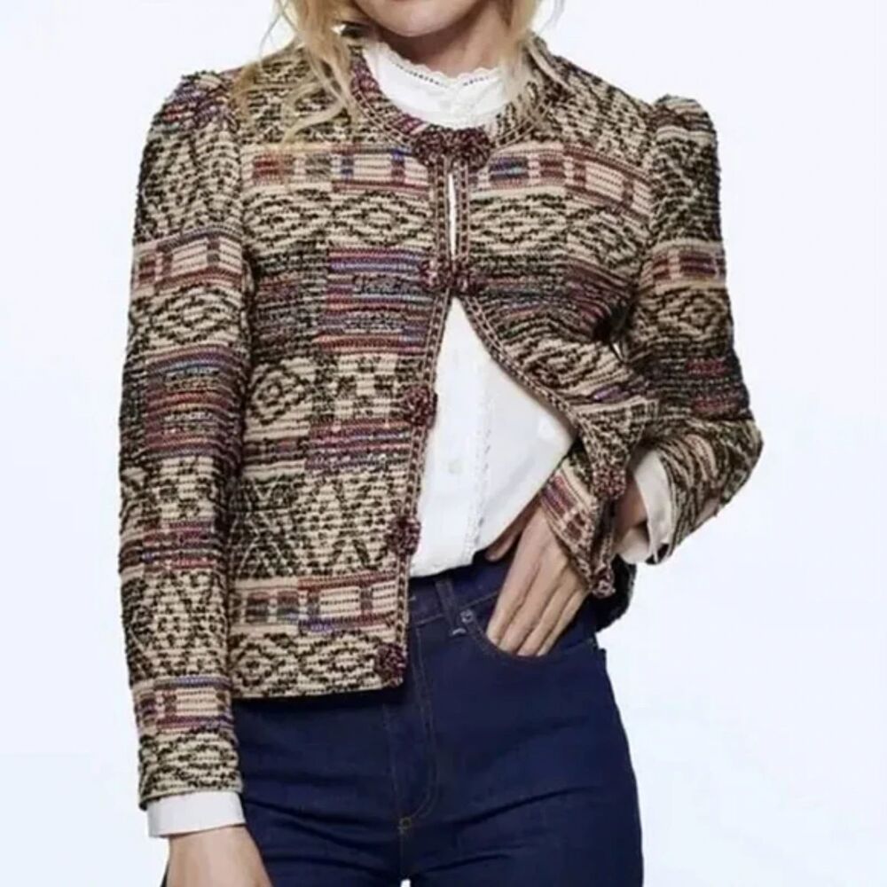Zara Multicolored Jacquard Open Front Blazer - S